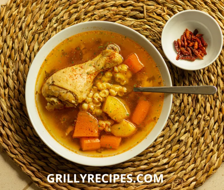 A comforting bowl of homemade chicken and vegetable soup with tender drumsticks, potatoes, carrots, and hominy, served with a side of dried chili peppers.