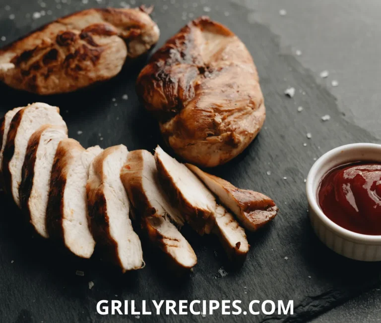 Healthy Chicken breast sliced on a black slate board with a side of barbecue sauce.